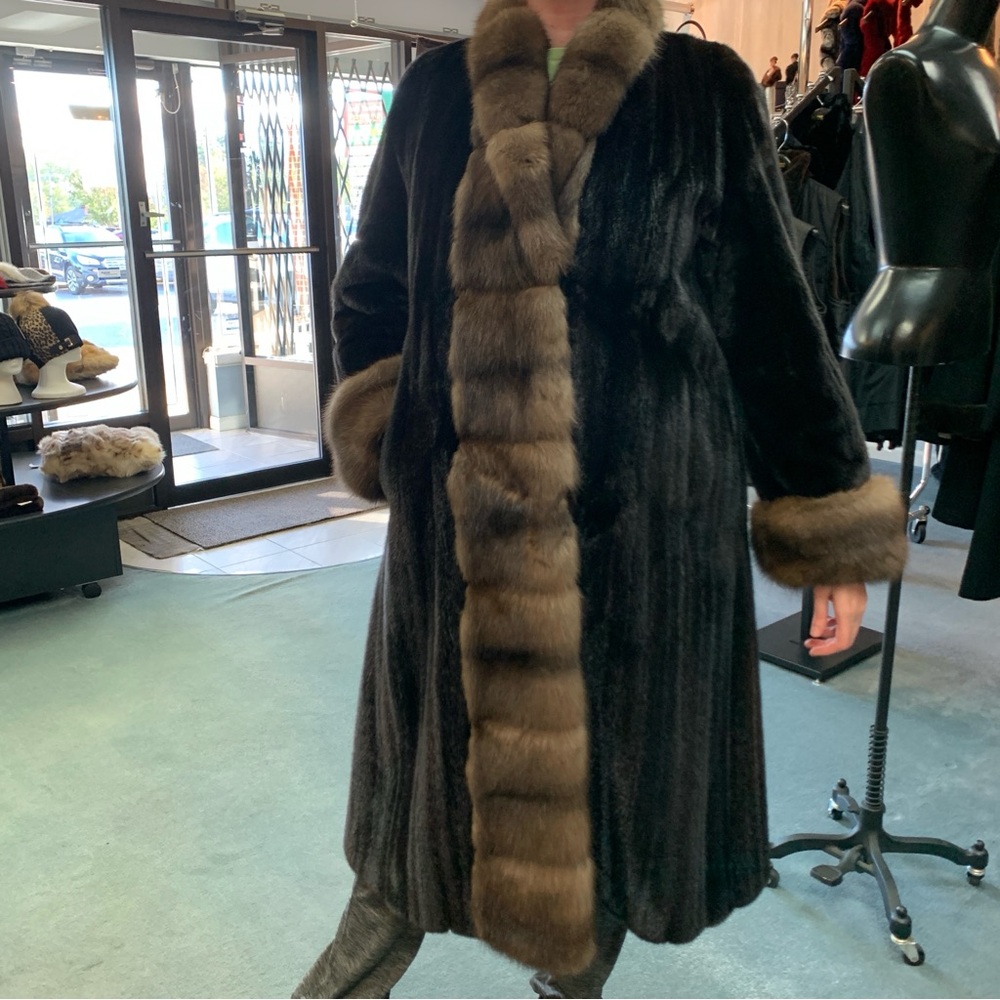 Genuine Mink Fur Coat With Sable Trim